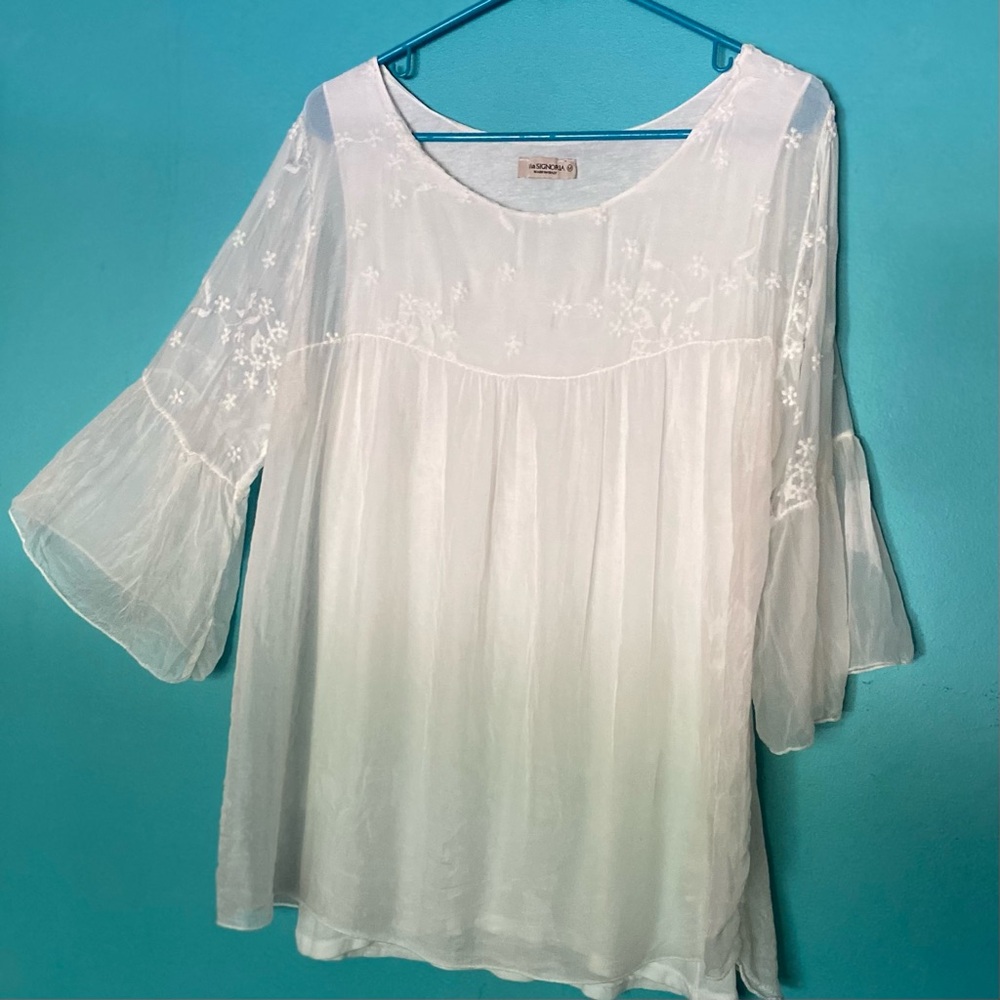 VIA SIGNORIA ITALY | Made in Italy Embroidered Silk Peasant White Blouse Top - M
